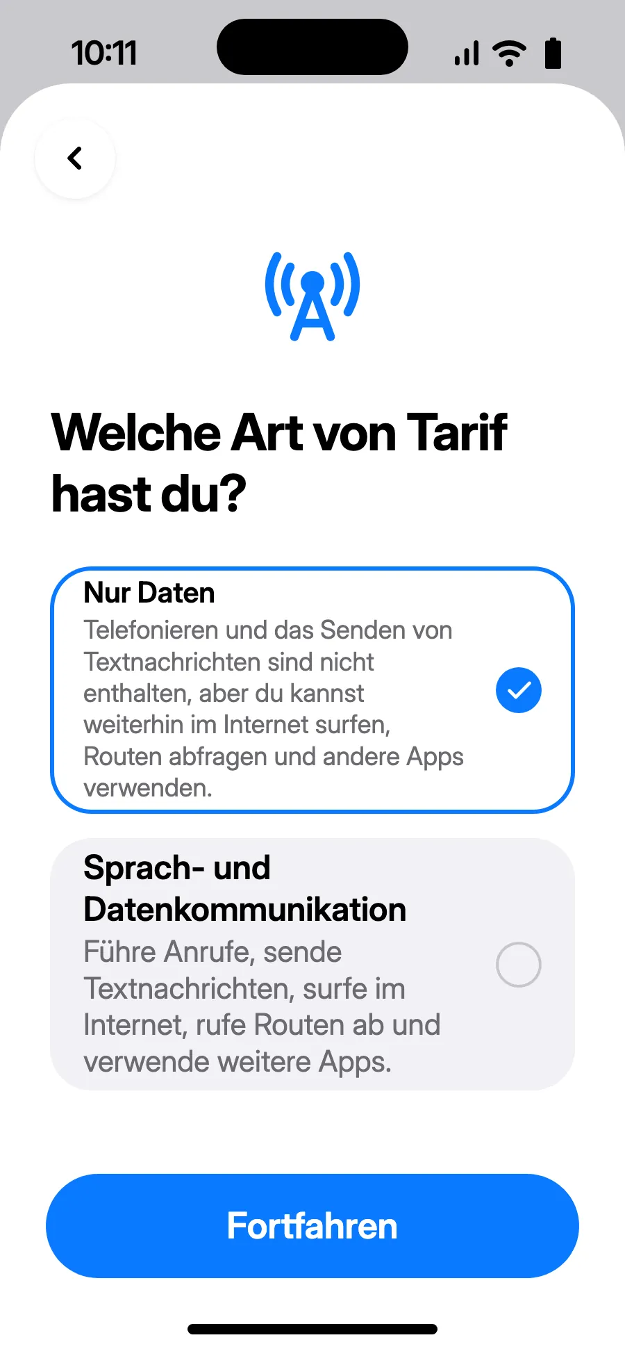 Wähle „Nur Daten“ und tippe auf Fortfahren. Die eSIM ist für Daten; deine gewohnte Nummer behält Anrufe und SMS.