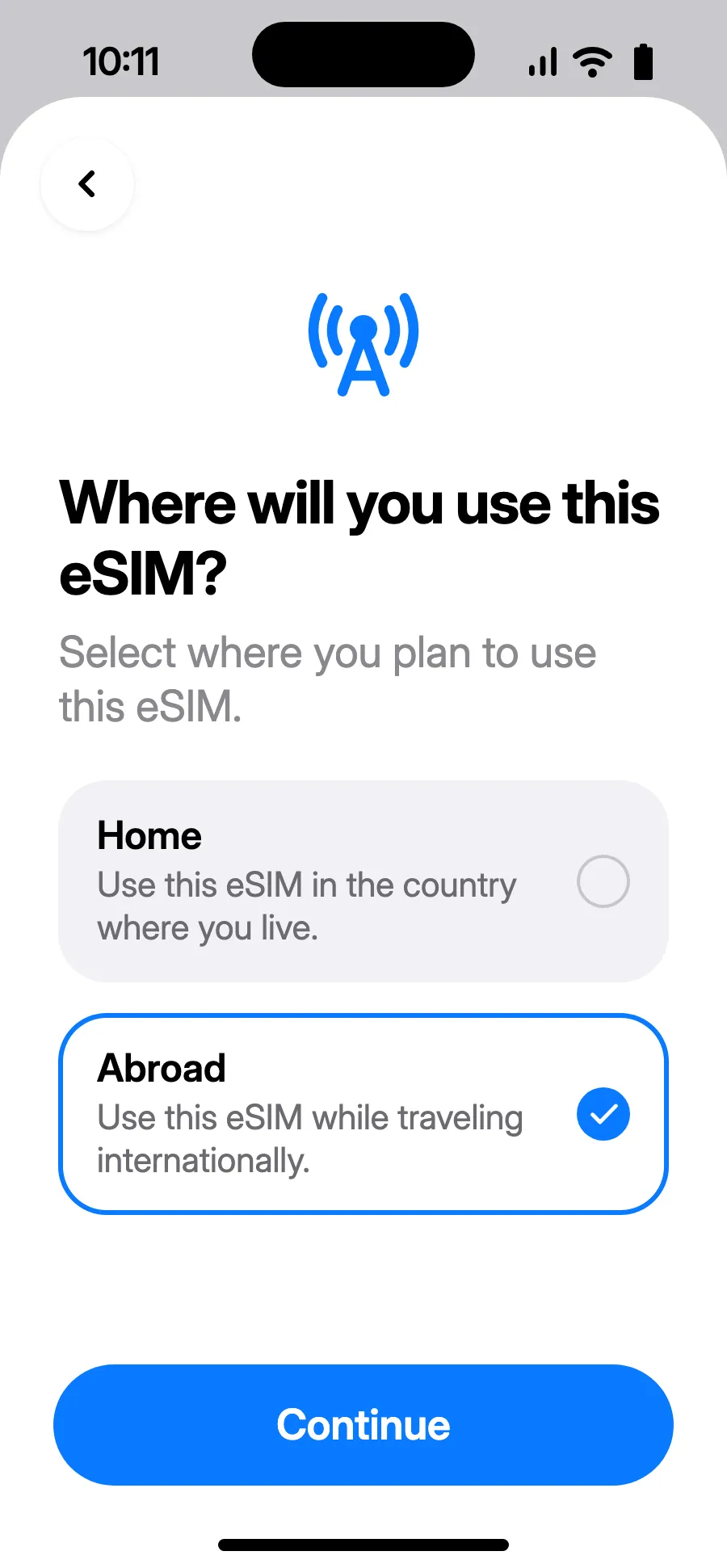 Choose Abroad, then tap Continue.