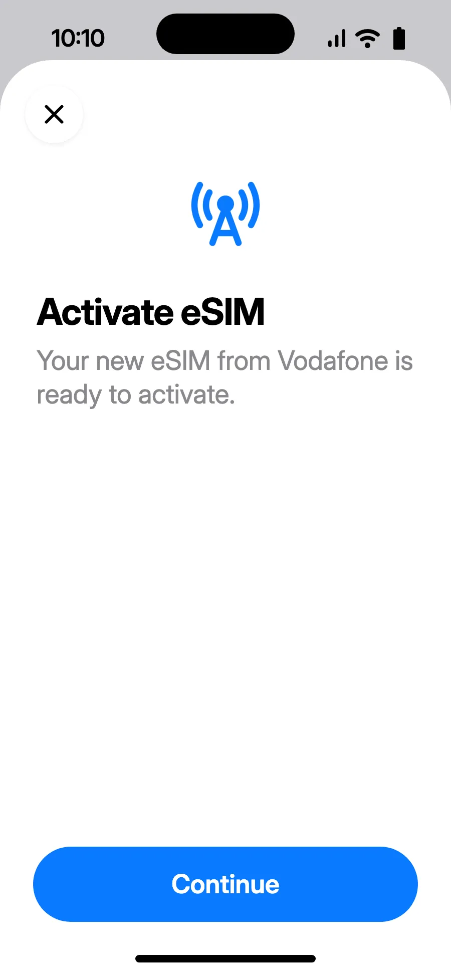 “Activate eSIM” opens: tap Continue.