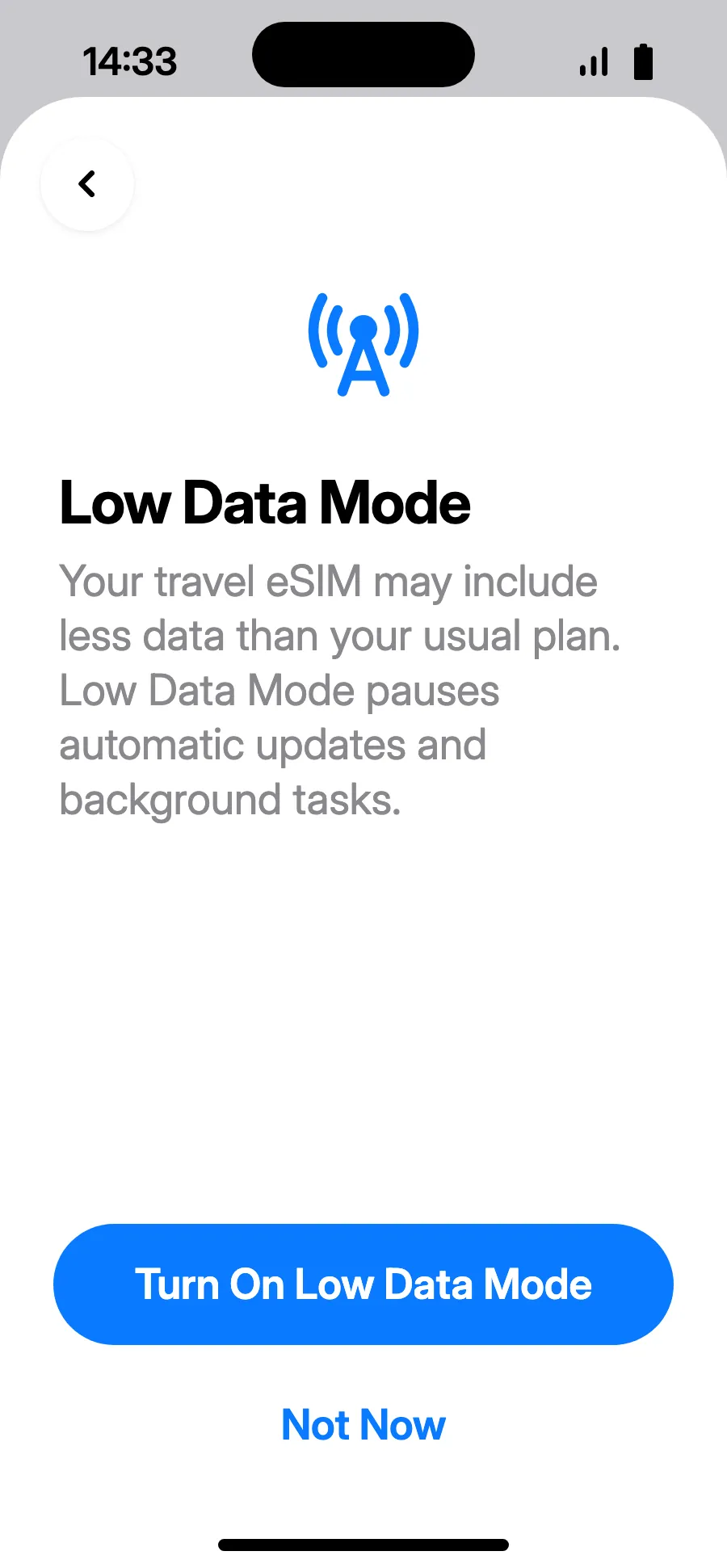 Low Data Mode saves your plan: tap “Turn On Low Data Mode”, or “Not Now”.