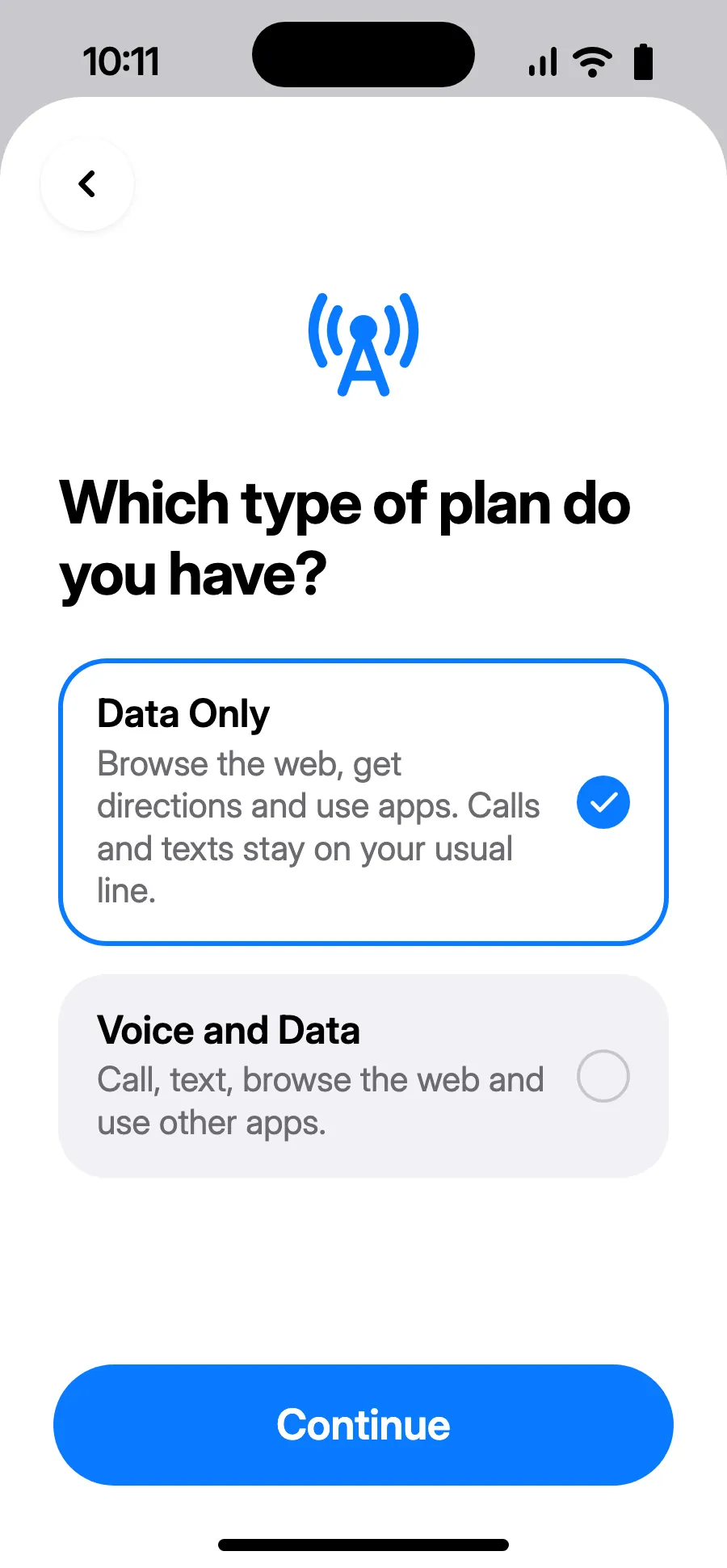 Choose Data Only, then tap Continue. The eSIM is for data; your usual number keeps calls and texts.