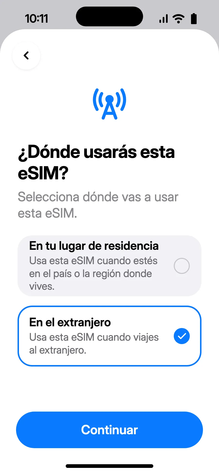 Elige «En el extranjero» y toca Continuar.