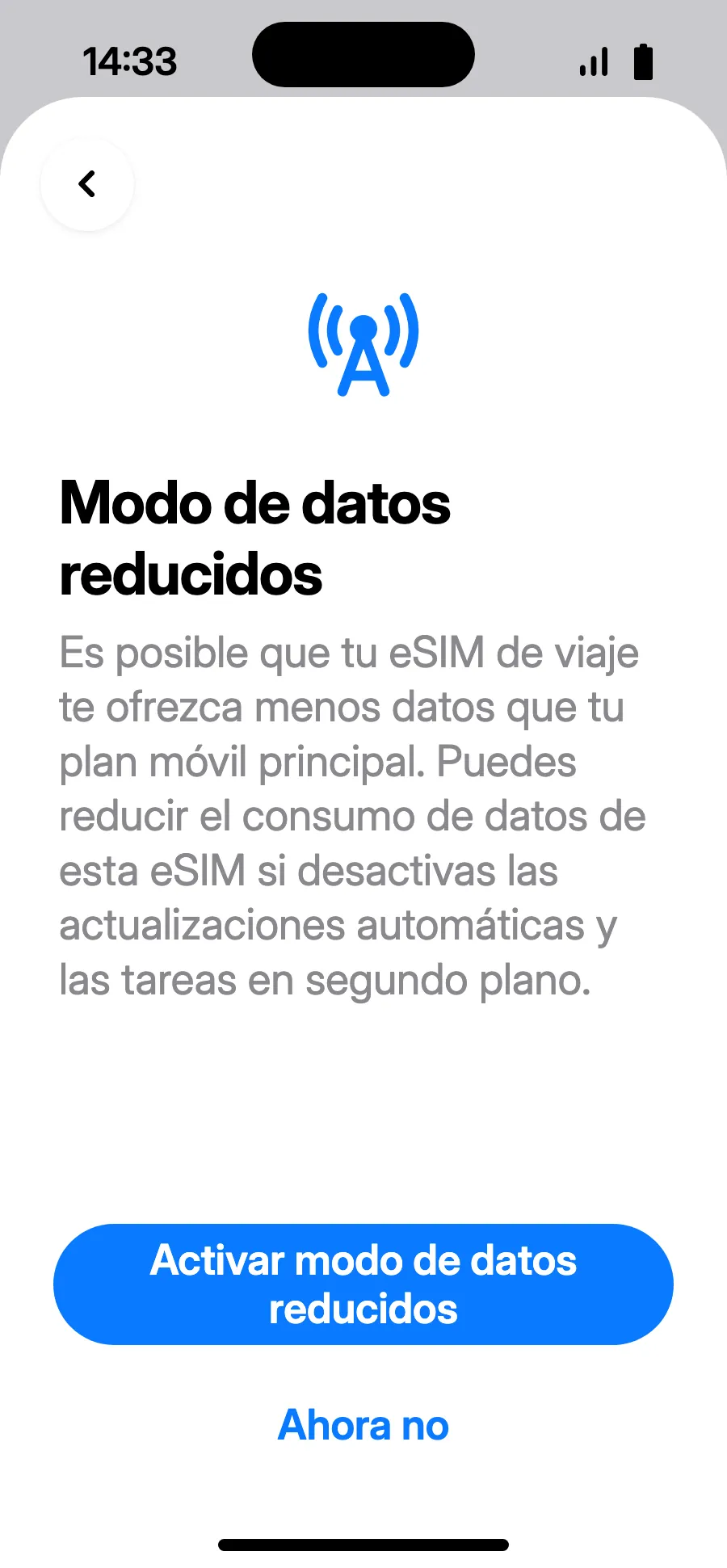 El modo de datos reducidos ahorra tu plan: toca «Activar modo de datos reducidos» o «Ahora no».