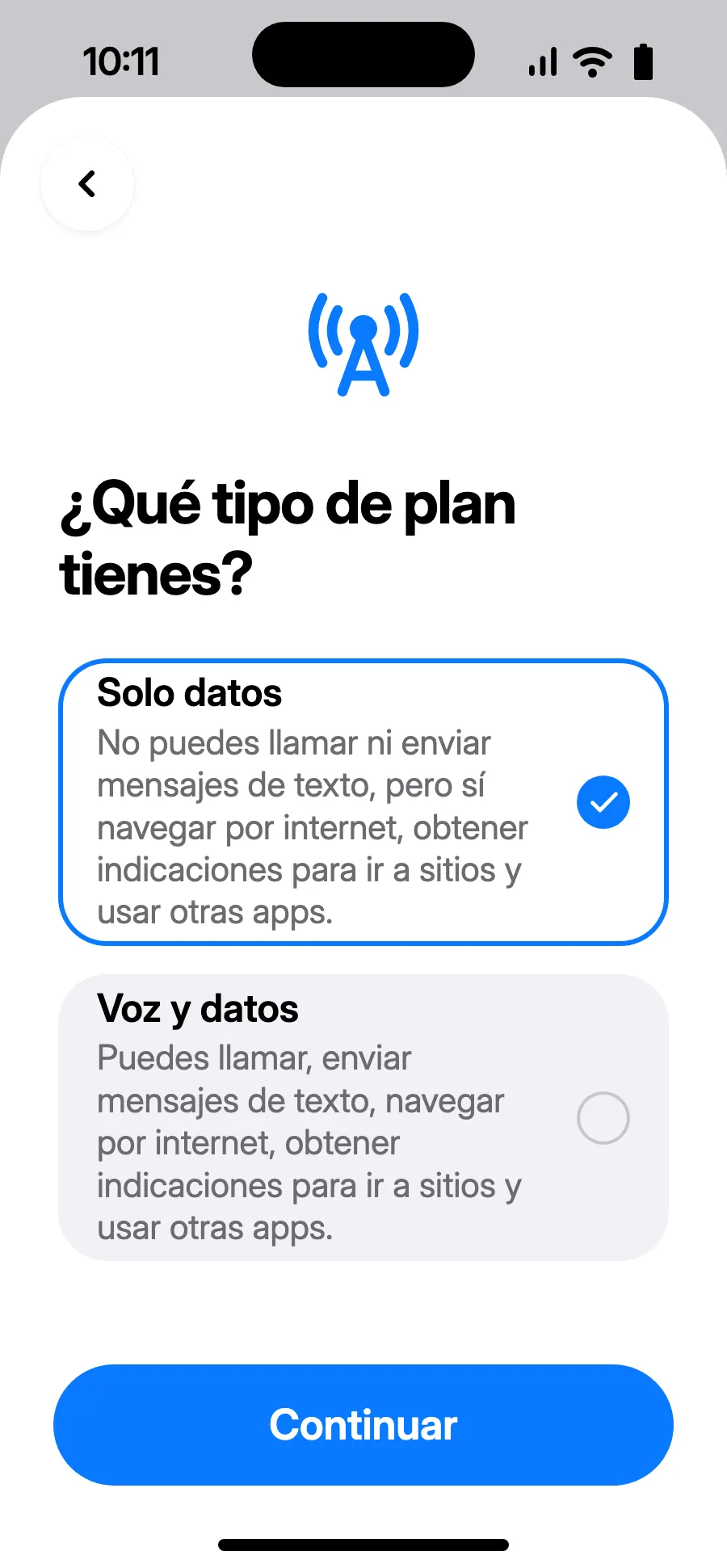 Elige «Solo datos» y toca Continuar. La eSIM es para datos; tu número habitual mantiene llamadas y SMS.
