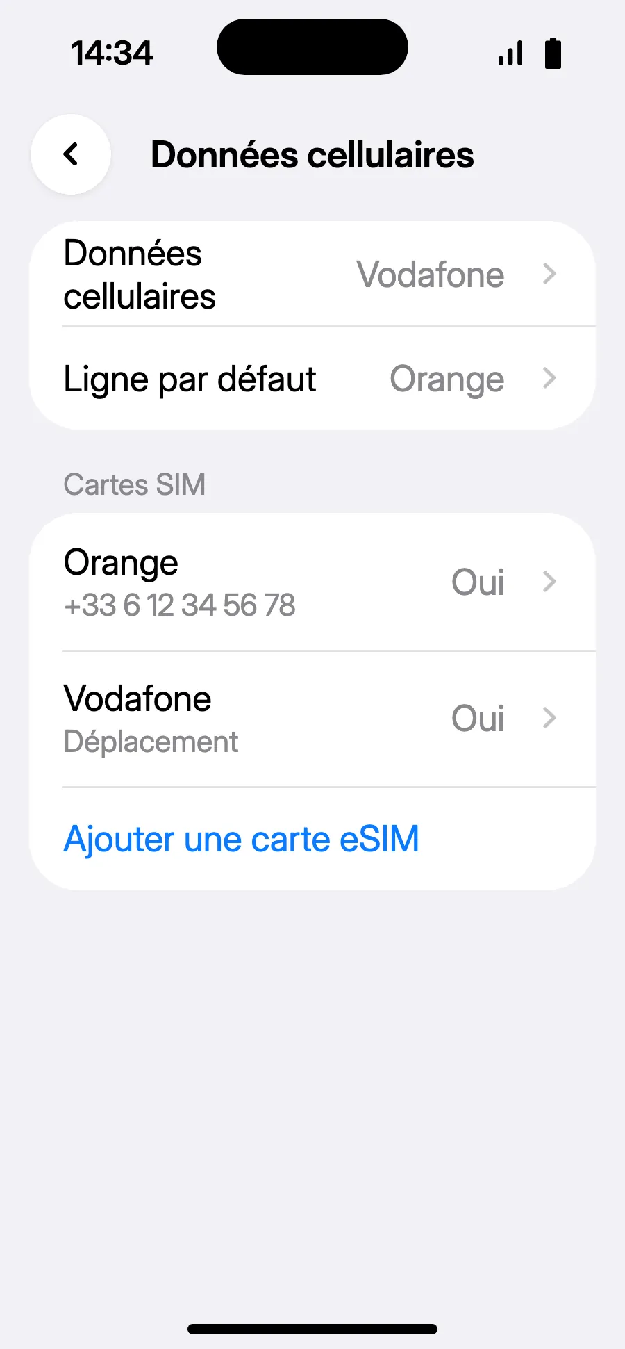 C'est prêt : Données cellulaires indique la nouvelle eSIM.