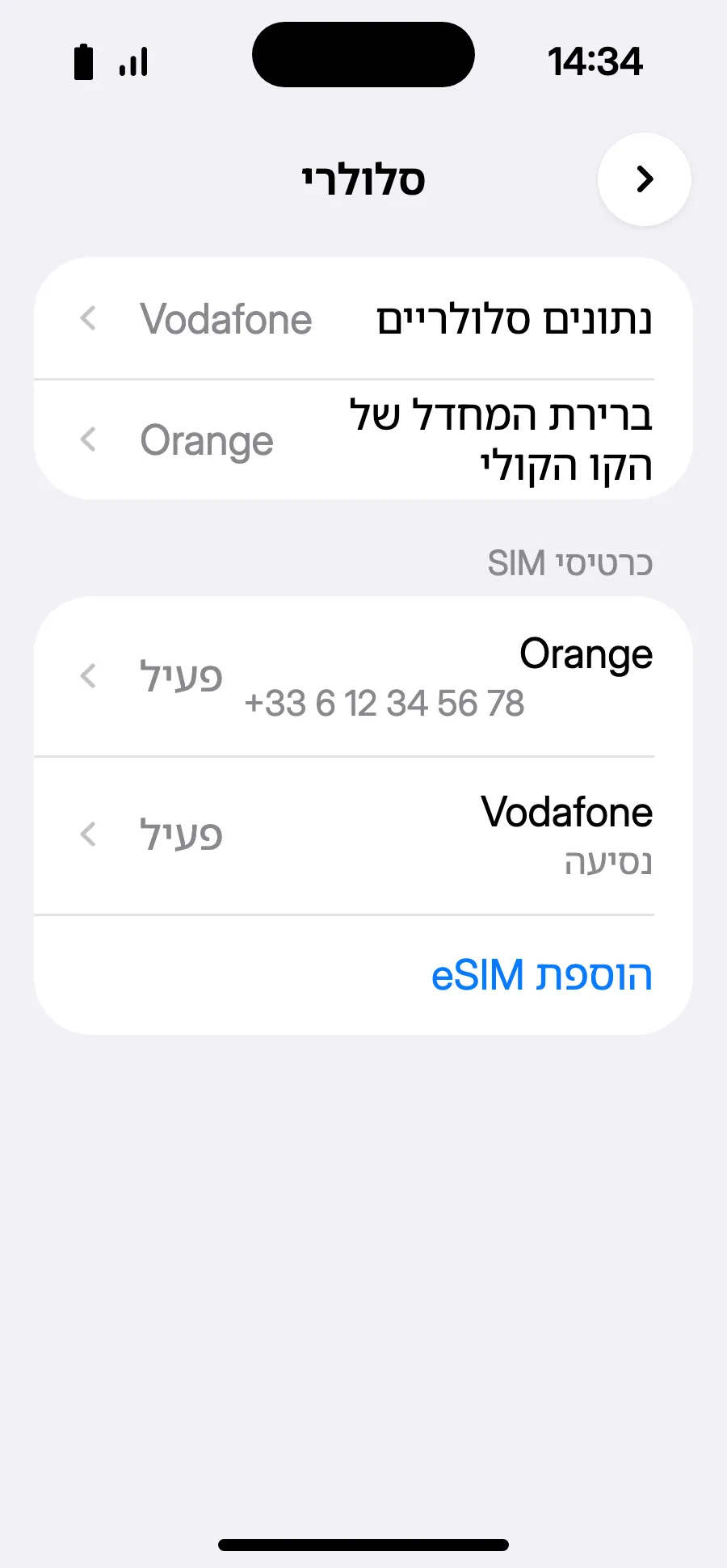 הכול מוכן: ה-eSIM החדש מוצג ב'נתונים סלולריים'.