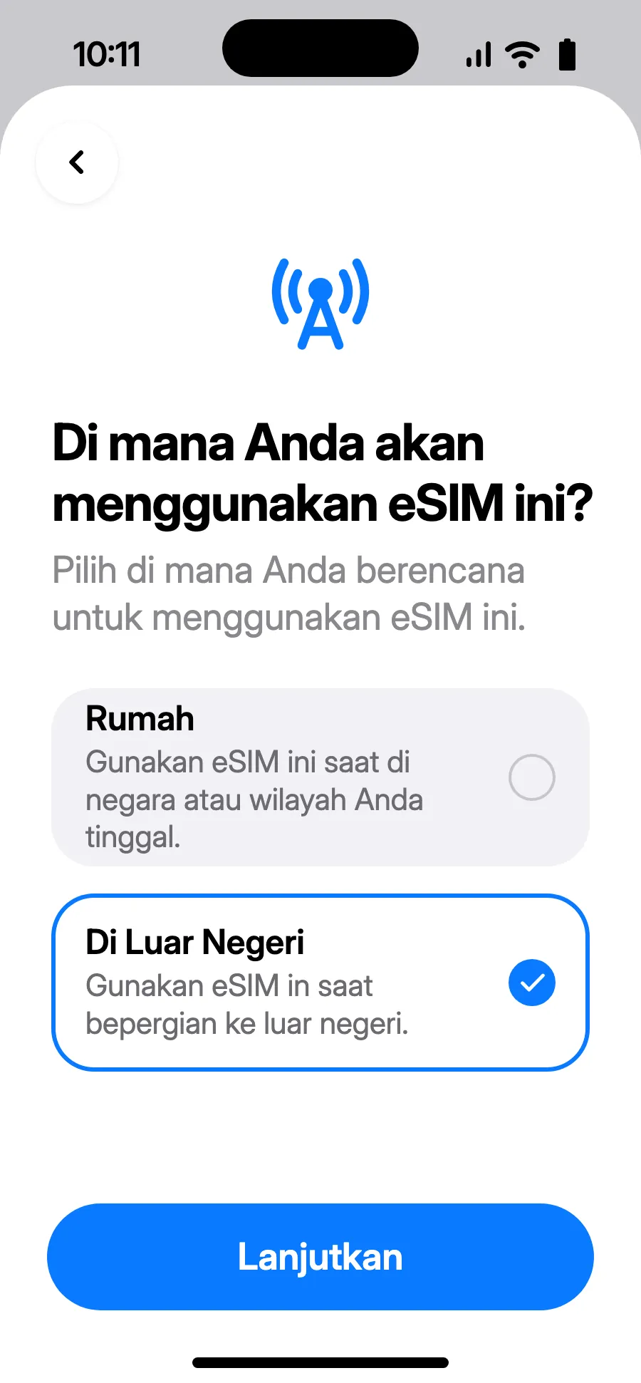 Pilih “Di Luar Negeri”, lalu ketuk Lanjutkan.