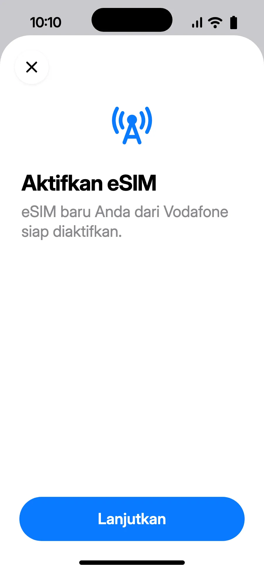 “Aktifkan eSIM” terbuka: ketuk Lanjutkan.