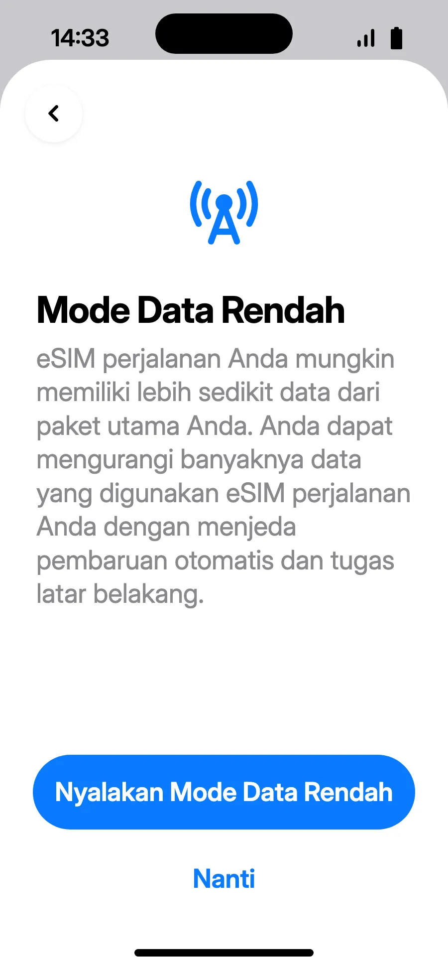 Mode Data Rendah menghemat paket: ketuk “Nyalakan Mode Data Rendah” atau “Nanti”.