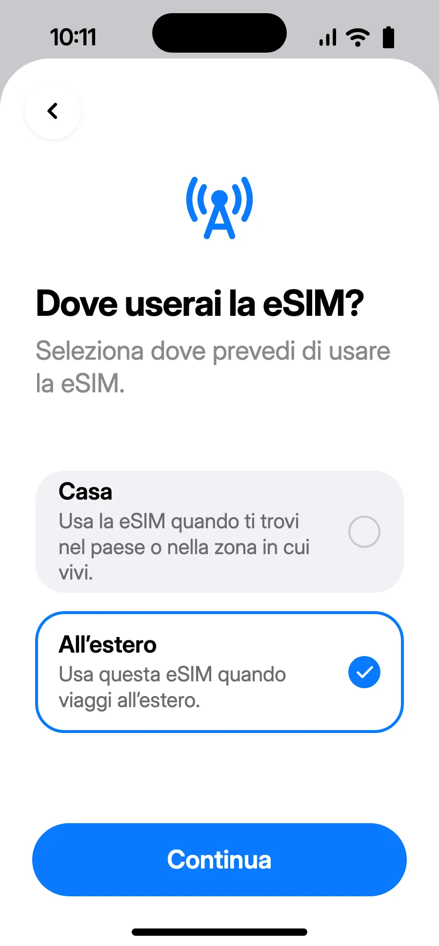 Scegli «All’estero», poi tocca Continua.