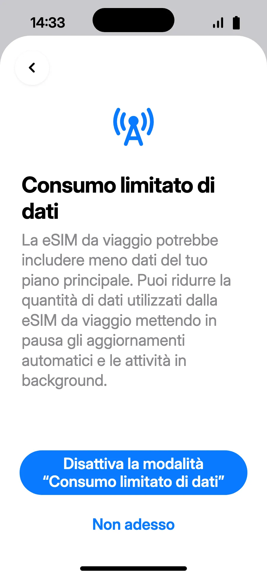 La modalità «Consumo limitato di dati» fa risparmiare il piano: tocca il pulsante che la attiva o «Non adesso».