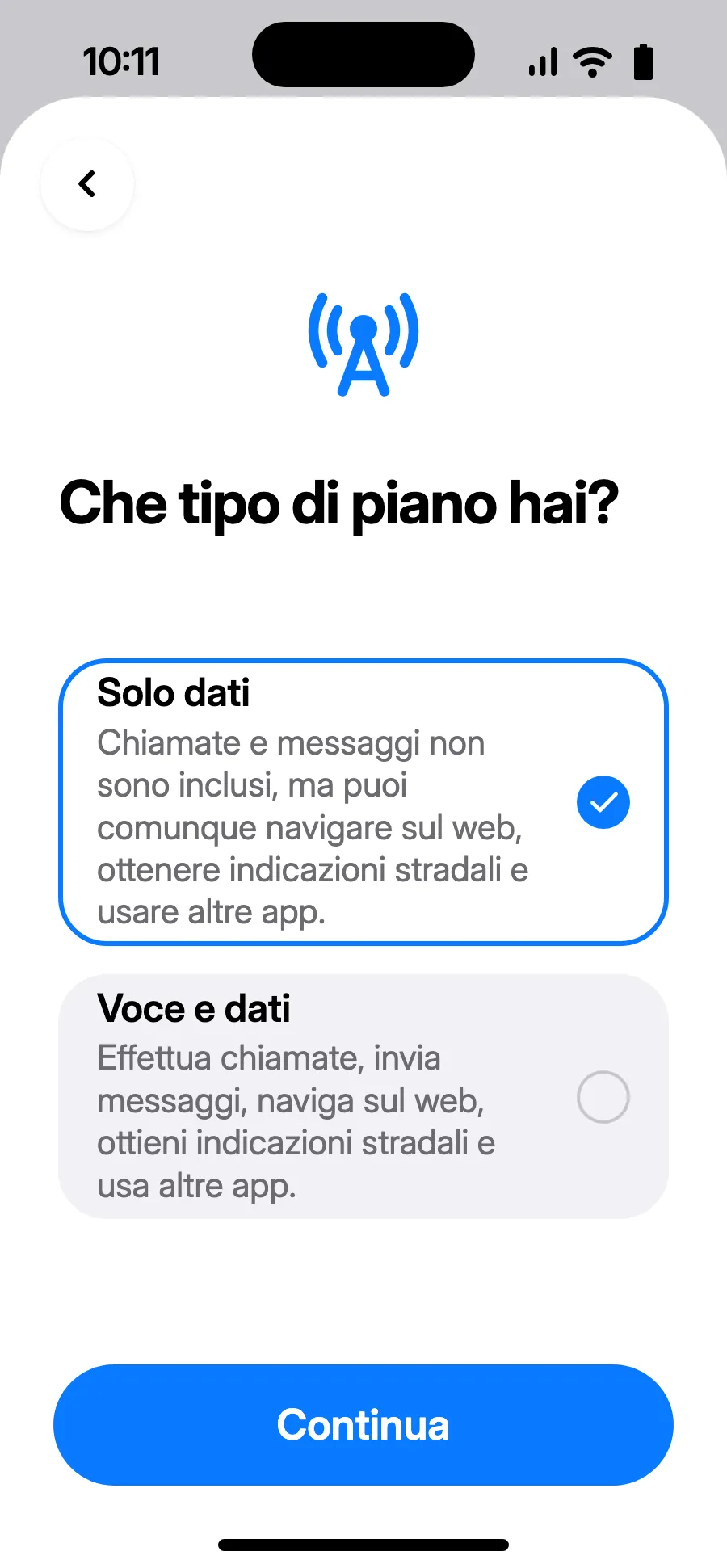 Scegli «Solo dati», poi tocca Continua. La eSIM serve per i dati; il tuo numero abituale mantiene chiamate e SMS.