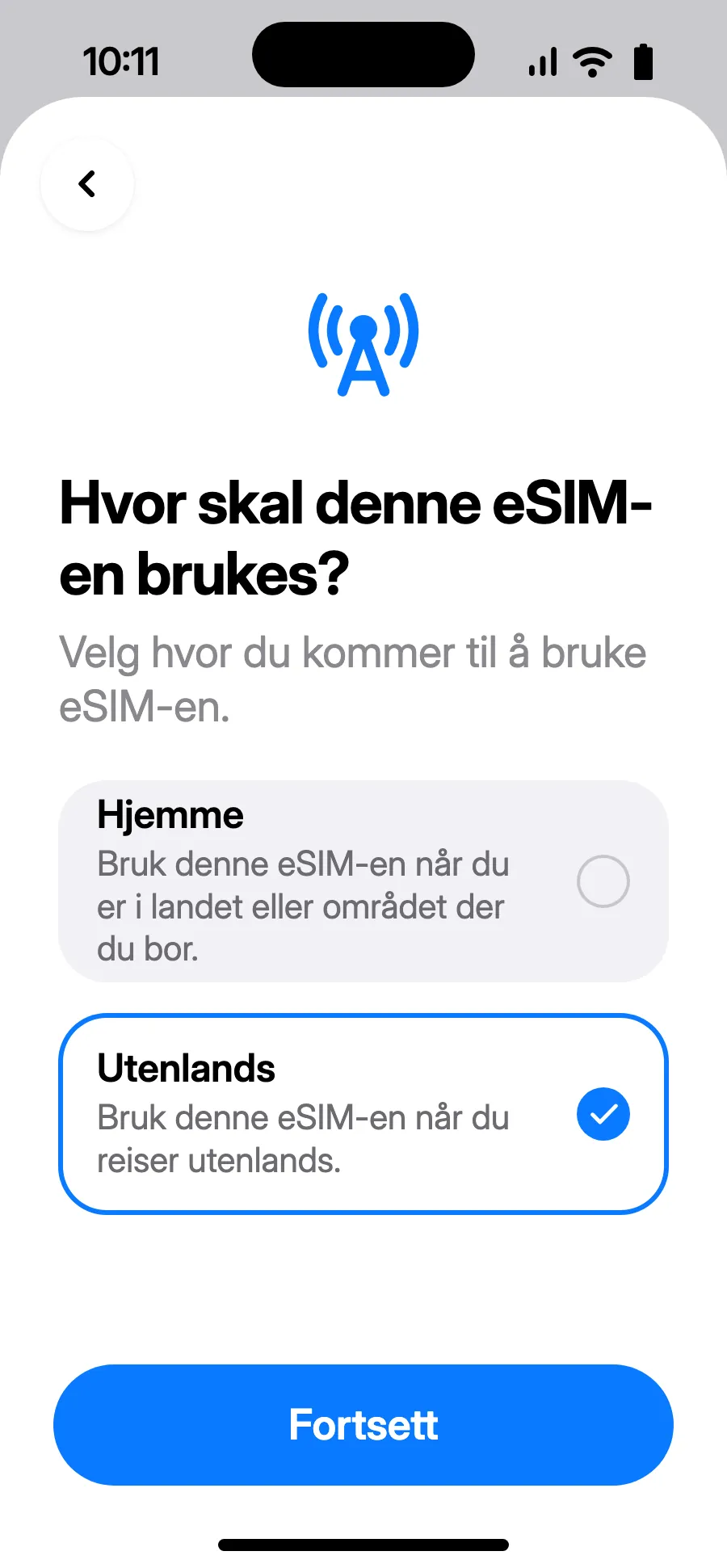 Velg «Utenlands», og trykk på Fortsett.