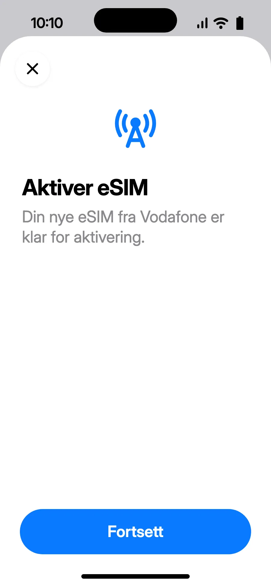 «Aktiver eSIM» åpnes: trykk på Fortsett.