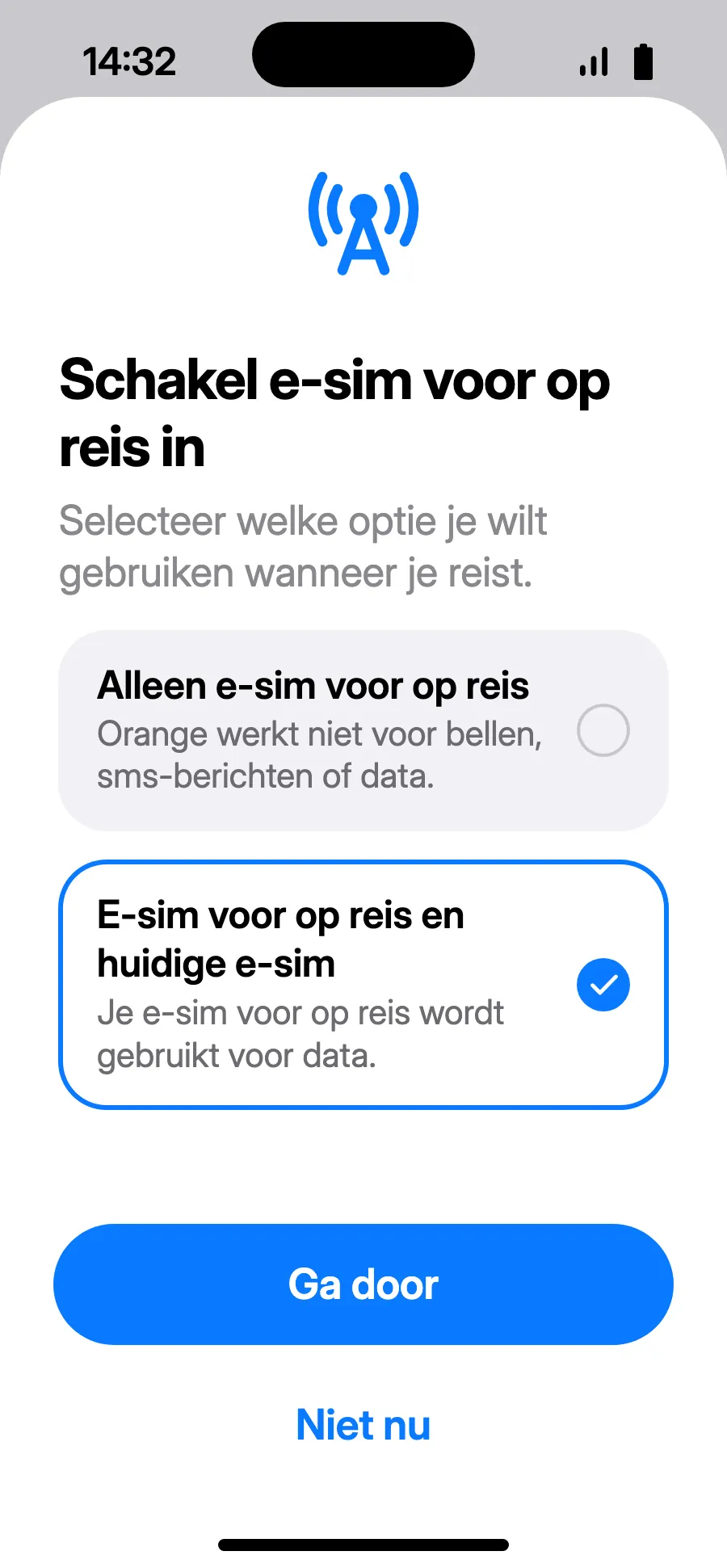 Kies ‘E‑sim voor op reis en huidige e‑sim’ en tik op Ga door. Je houdt je nummer voor bellen en sms (ook bankcodes); je provider kan inkomende gesprekken rekenen.