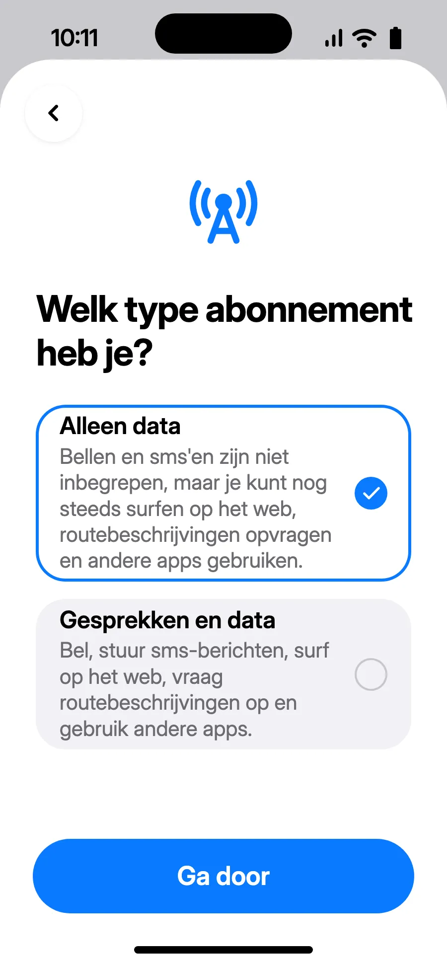 Kies ‘Alleen data’ en tik op Ga door. De eSIM is voor data; je gewone nummer houdt bellen en sms.