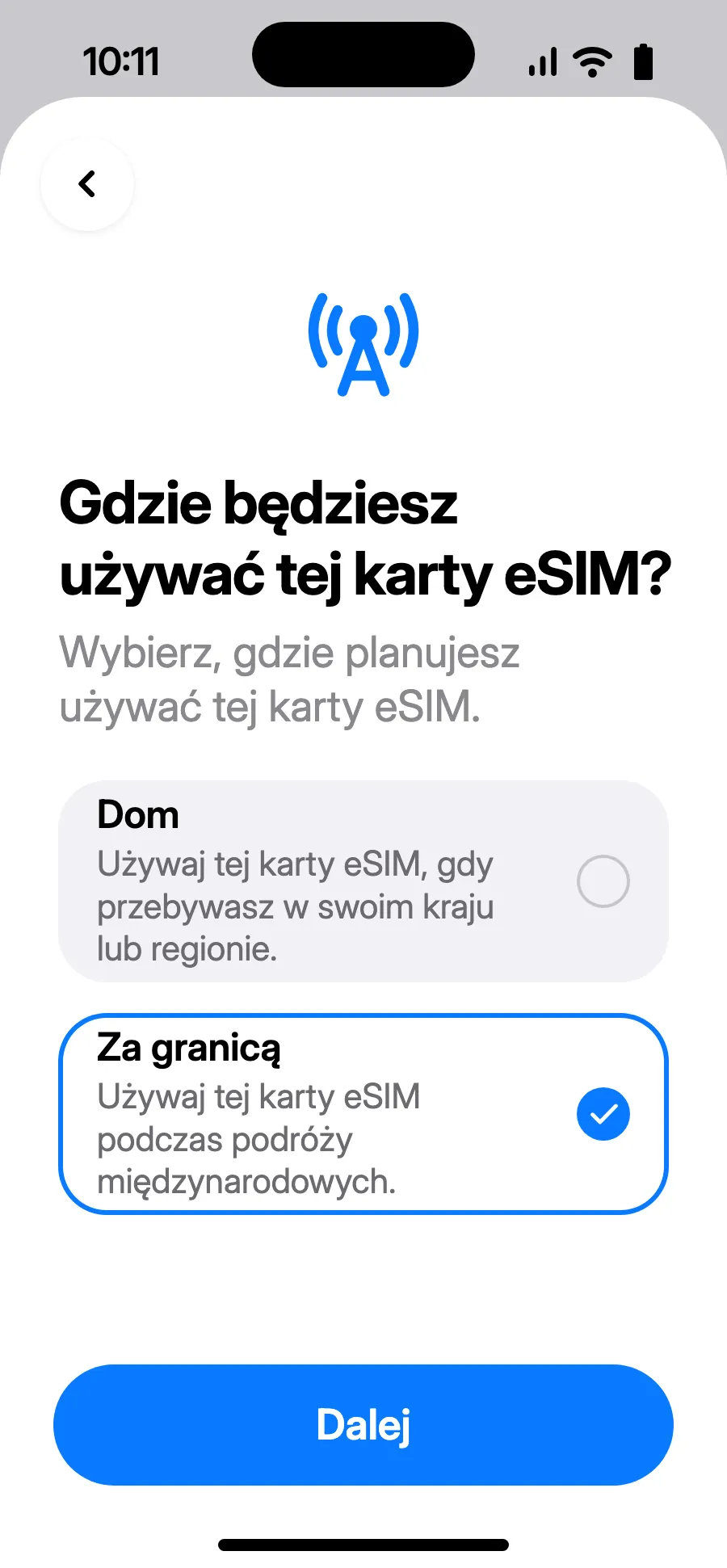 Wybierz „Za granicą”, potem stuknij Dalej.