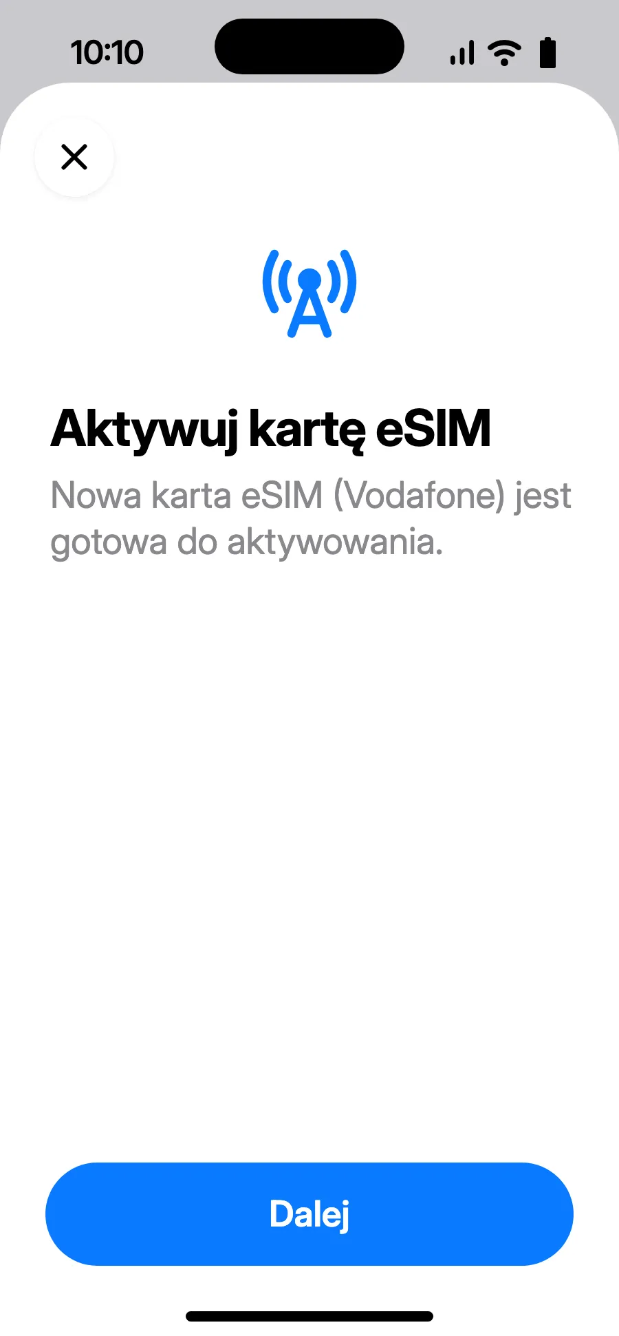 Otworzy się „Aktywuj kartę eSIM”: stuknij Dalej.