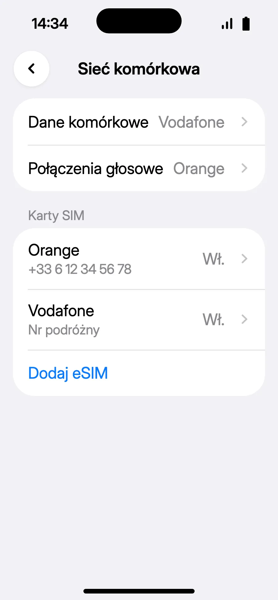 Gotowe: w Danych komórkowych widać nową eSIM.