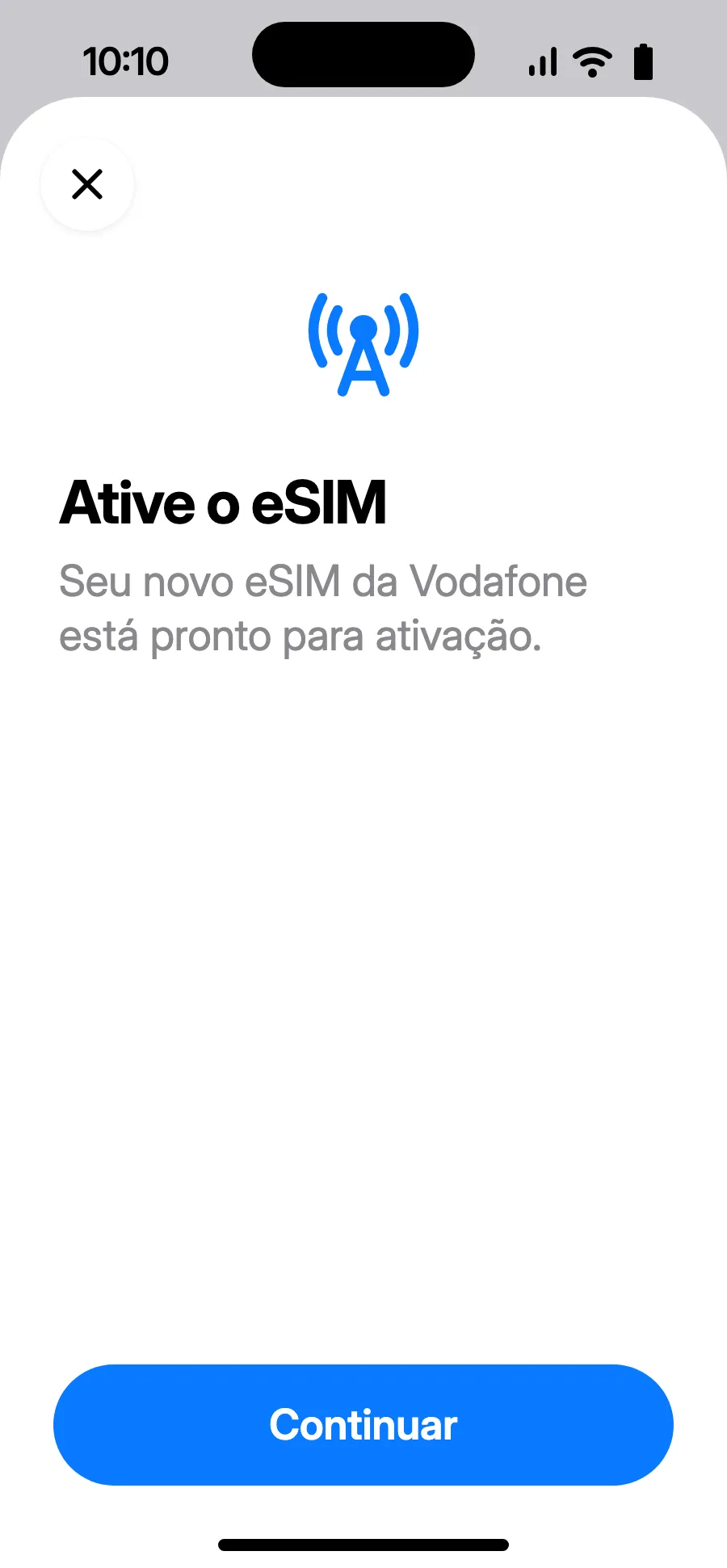 “Ative o eSIM” abre: toque em Continuar.