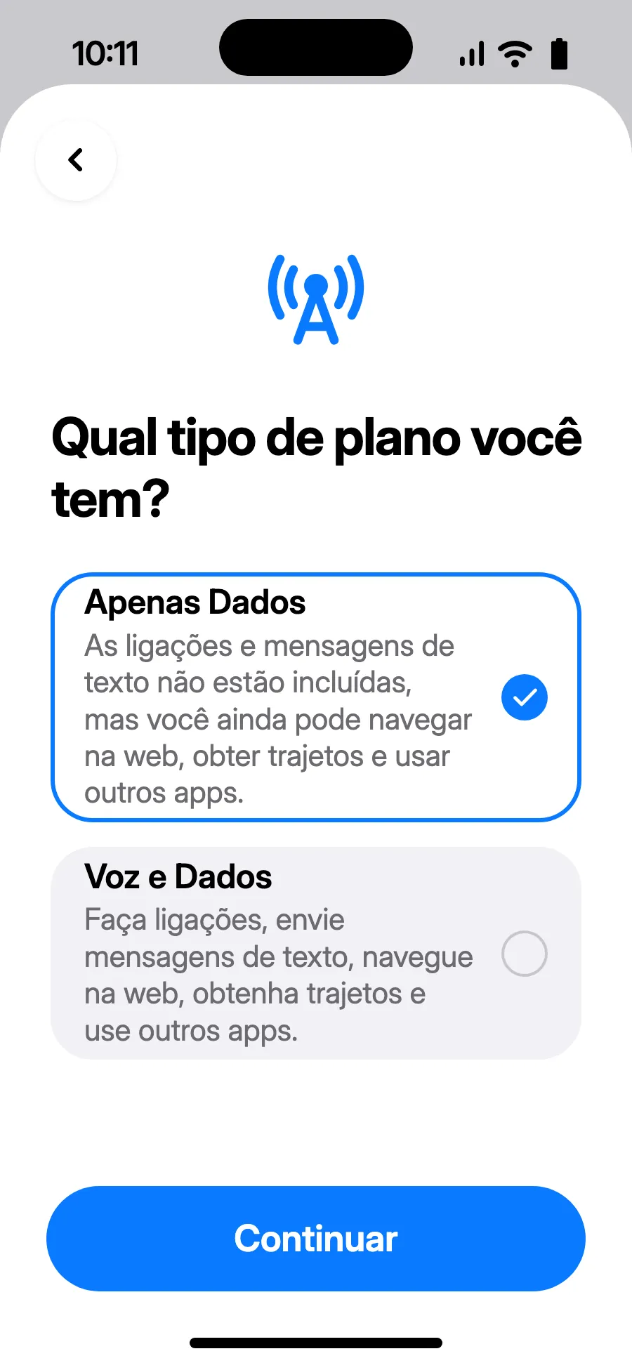 Escolha “Apenas Dados” e toque em Continuar. O eSIM é para dados; seu número habitual mantém chamadas e SMS.