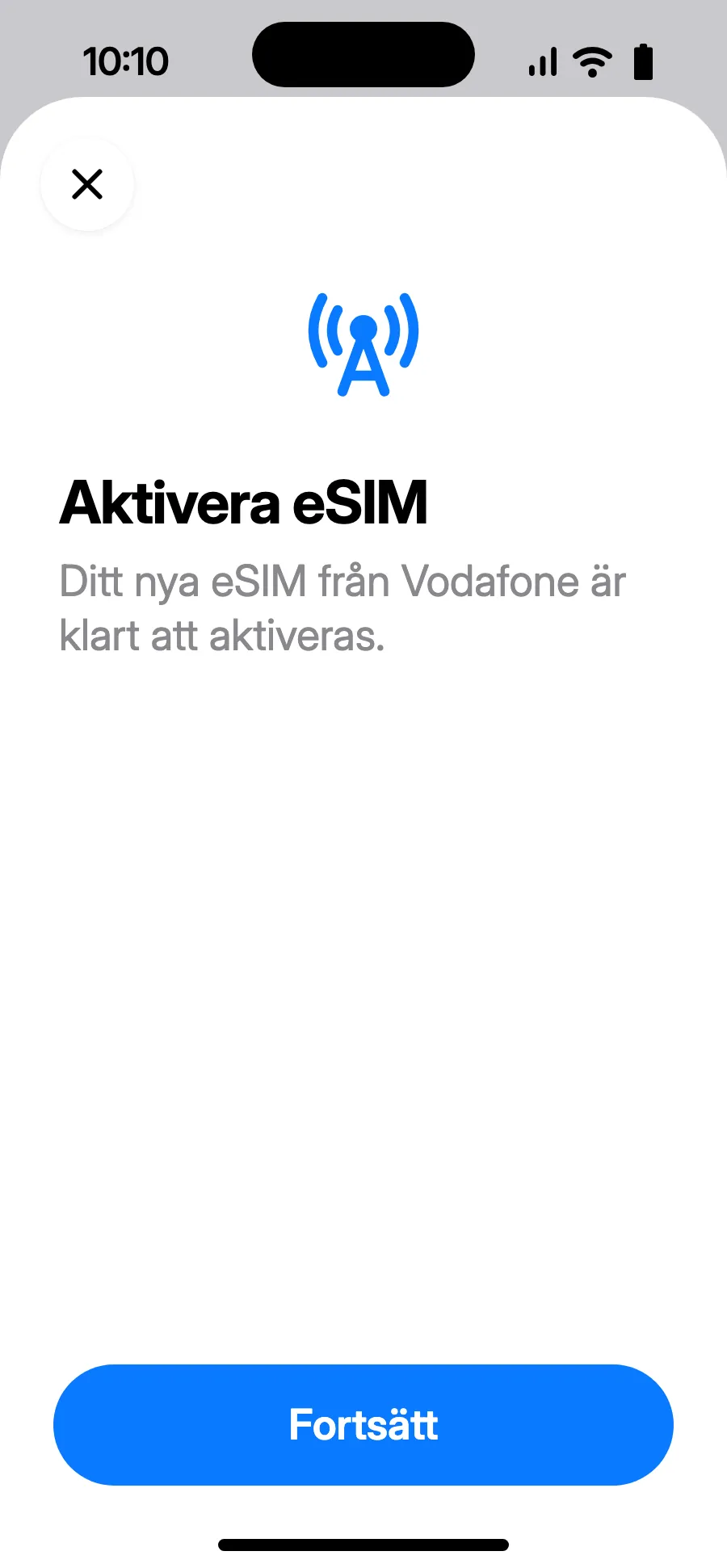 ”Aktivera eSIM” öppnas: tryck på Fortsätt.