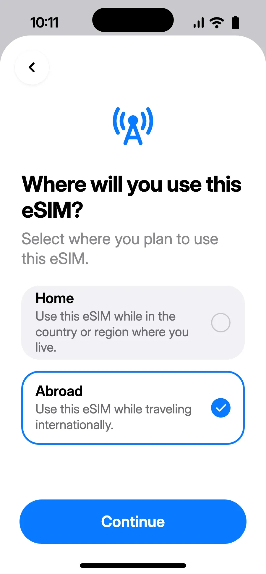 Piliin ang “Abroad”, pagkatapos ay i-tap ang Continue.