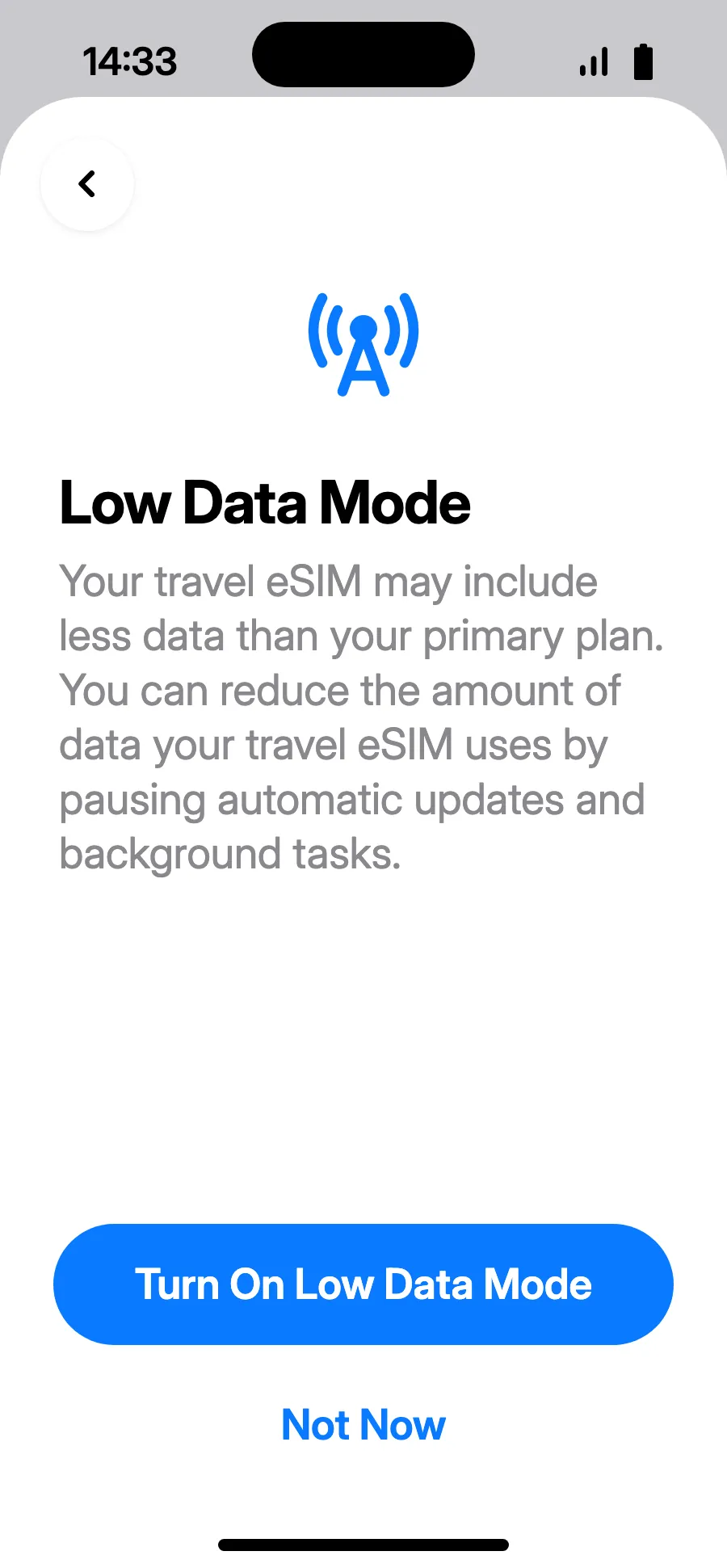 Nakakatipid ng plan ang Low Data Mode: i-tap ang “Turn On Low Data Mode” o “Not Now”.
