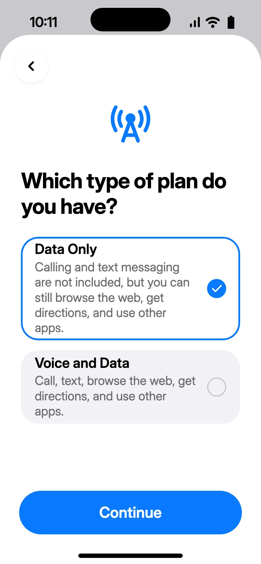 Piliin ang “Data Only”, pagkatapos ay i-tap ang Continue. Para sa data ang eSIM; nananatili sa karaniwan mong numero ang tawag at text.