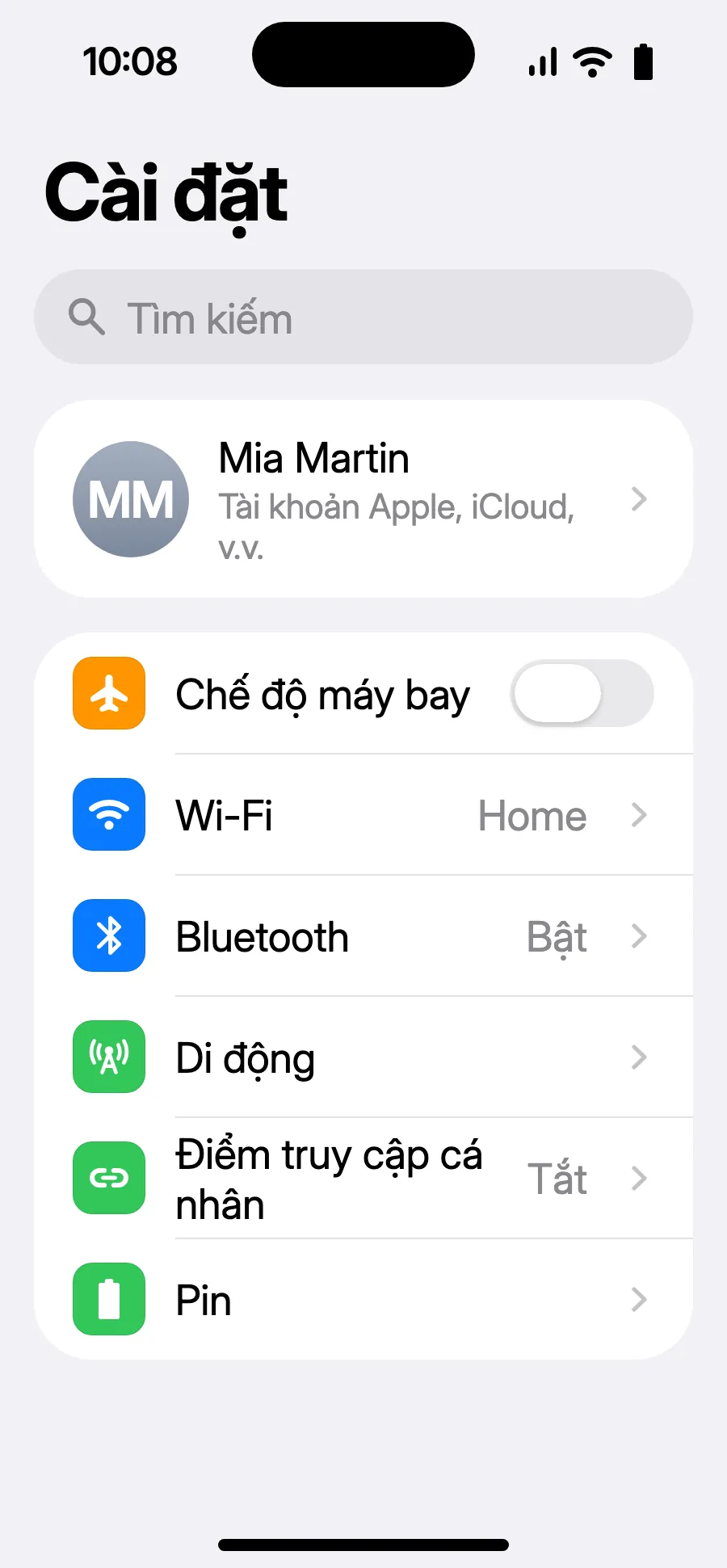 Mở Cài đặt, rồi Di động.