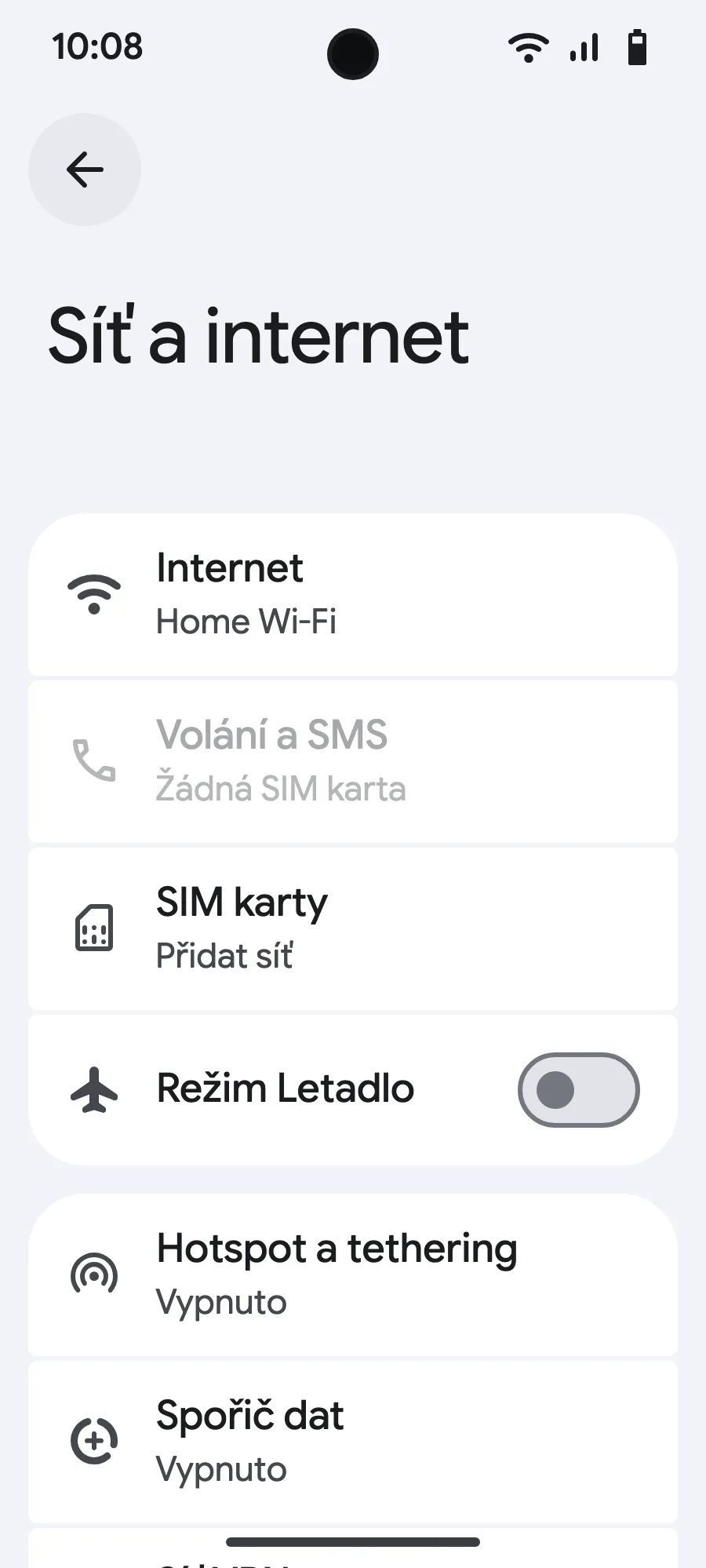 Klepni na „SIM karty“ (Přidat síť).