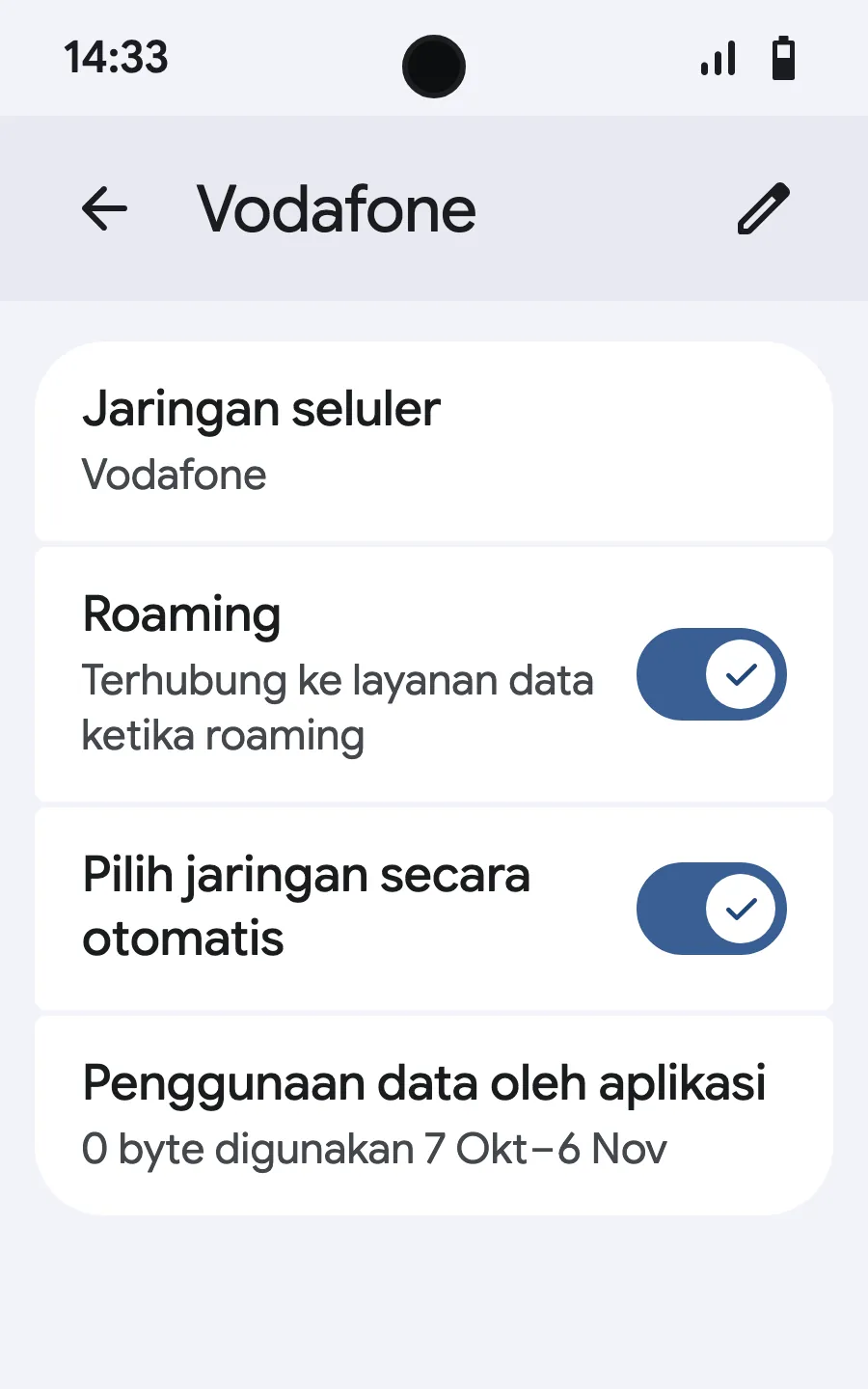Nyalakan roaming. Jika tidak ada yang termuat, matikan pemilihan jaringan otomatis dan pilih jaringan secara manual.