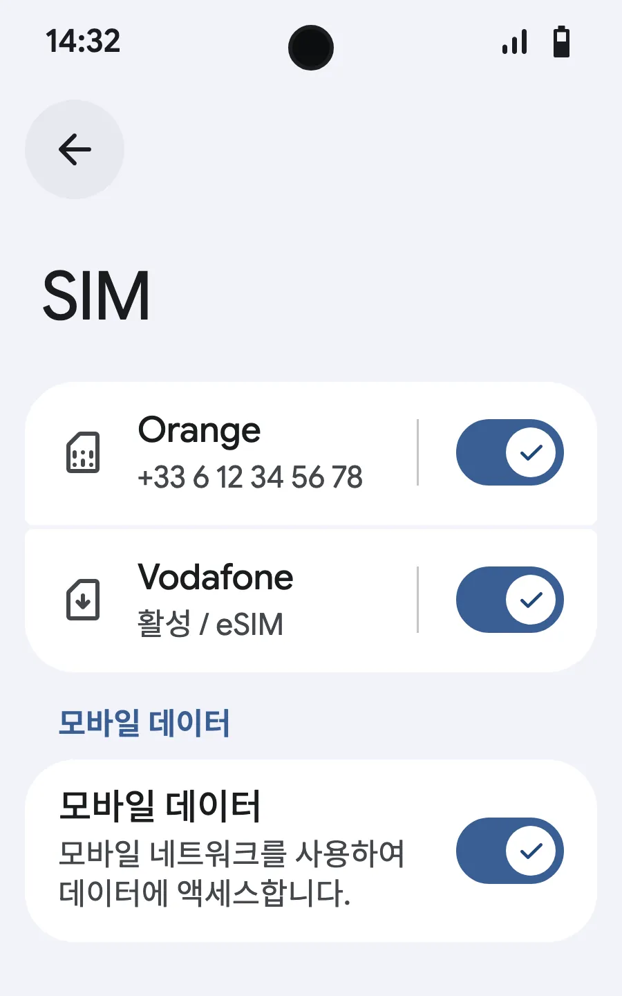 새 eSIM의 모바일 데이터를 켜세요.