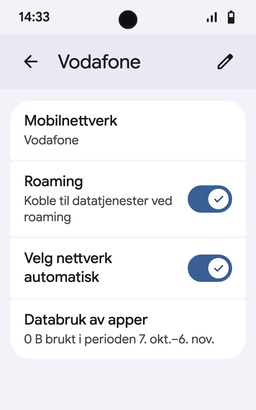 Slå på roaming. Laster ingenting, slå av automatisk nettverksvalg og velg nettverket manuelt.