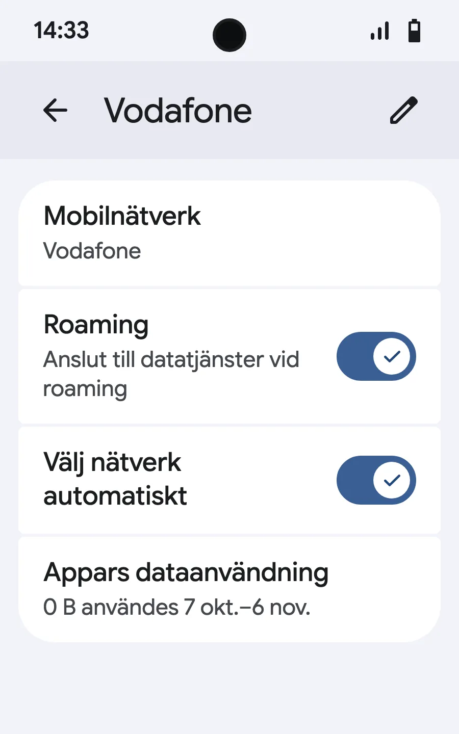 Slå på roaming. Laddas inget, stäng av automatiskt nätval och välj nätet manuellt.