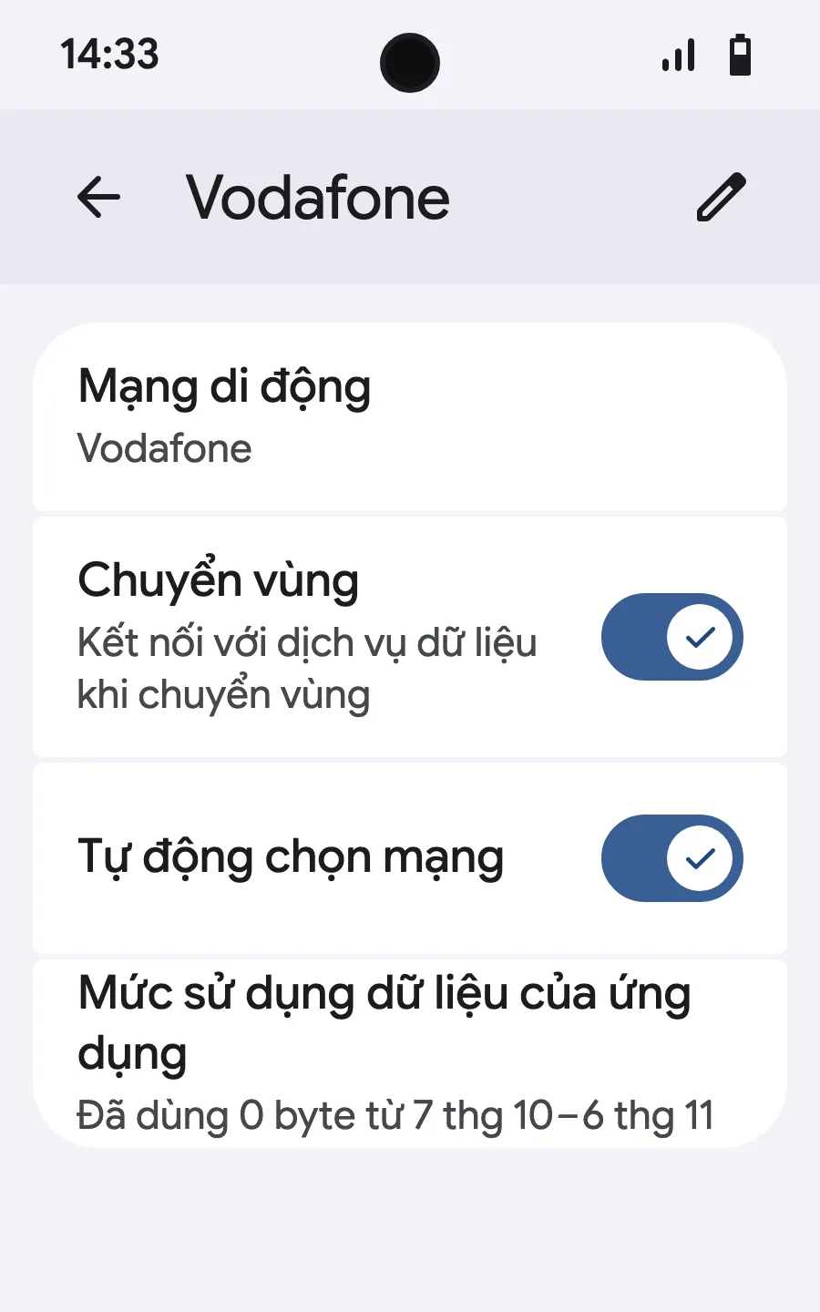 Bật chuyển vùng. Nếu không tải được, tắt chọn mạng tự động và chọn mạng thủ công.