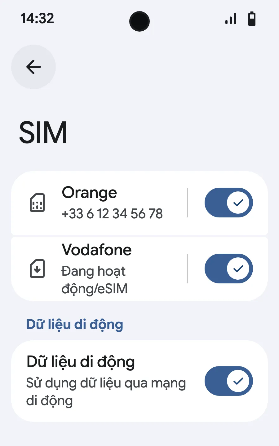 Bật dữ liệu di động cho eSIM mới.