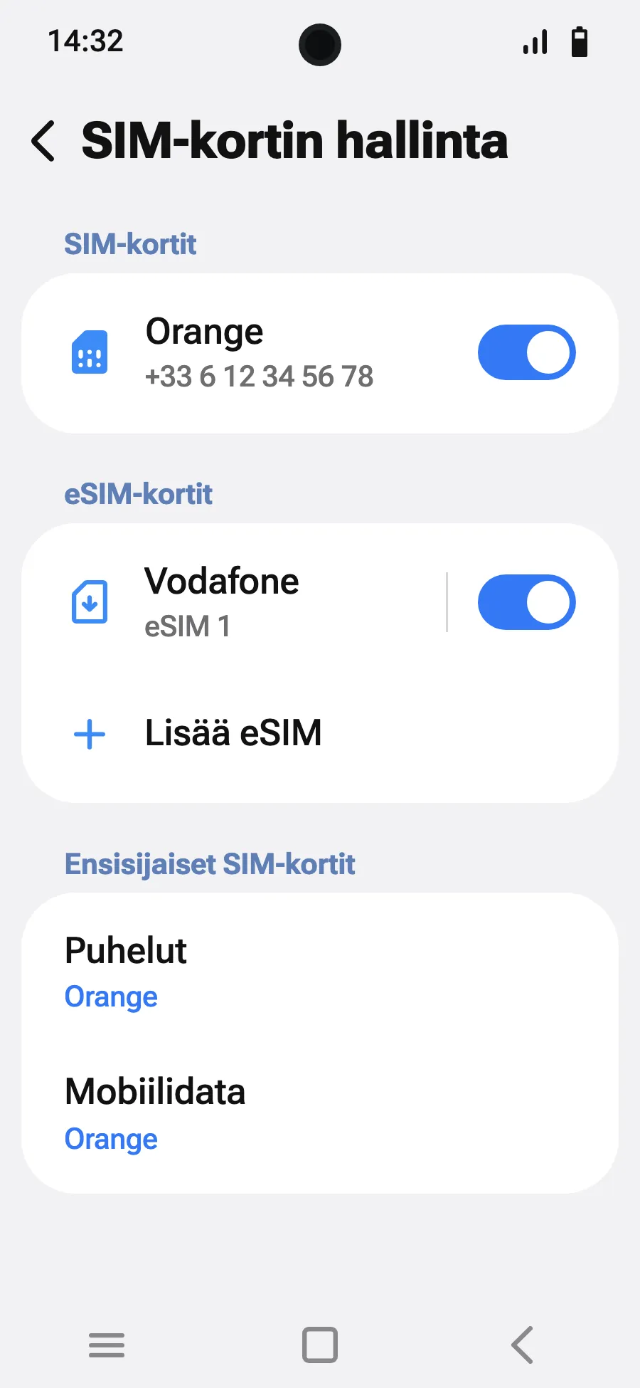 Perillä ota uusi eSIM käyttöön SIM-korttien hallinnassa. Se on nimetty paikallisen tai kumppanioperaattorin mukaan.