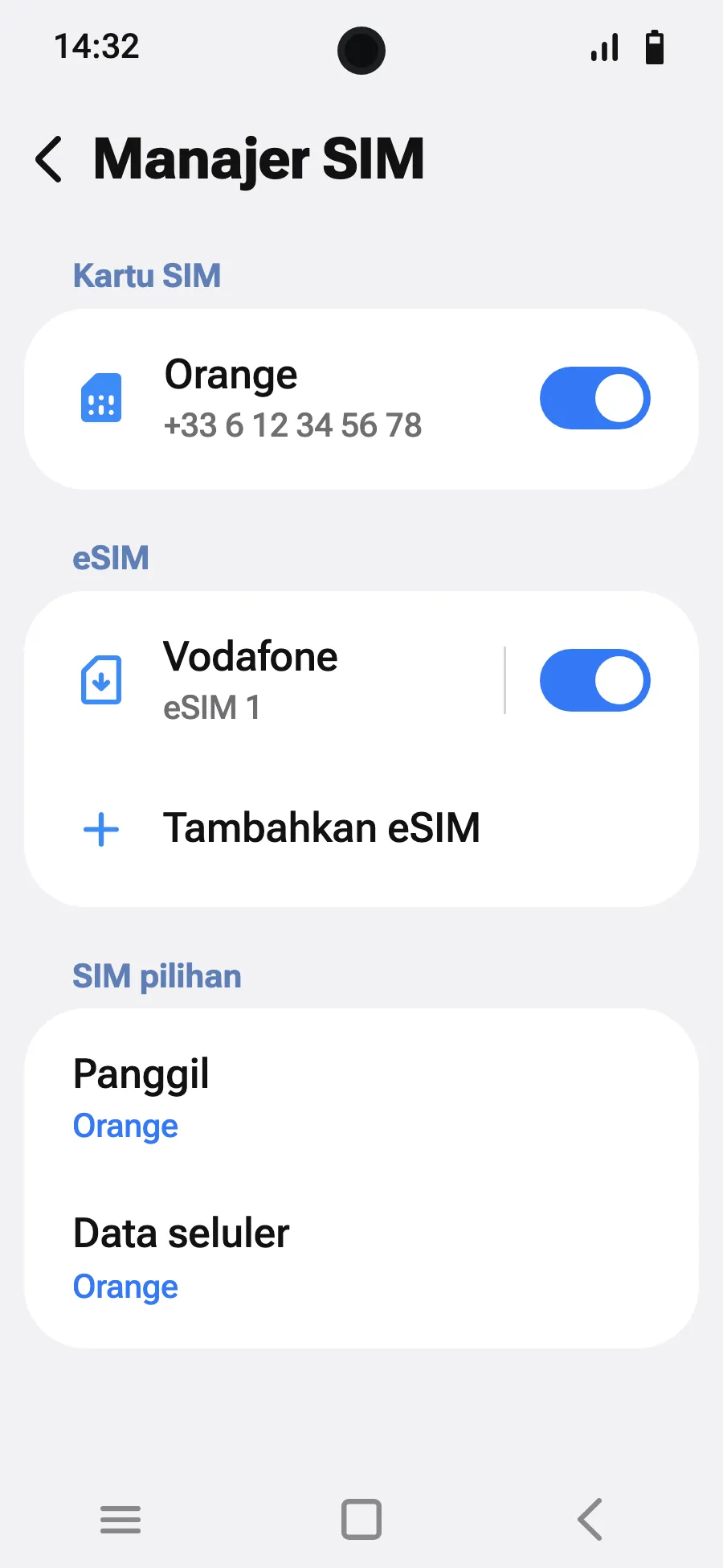 Saat tiba, nyalakan eSIM baru Anda di Manajer SIM. Namanya mengikuti operator lokal atau mitra.